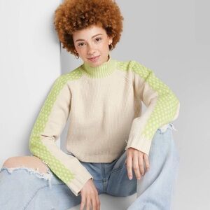 wild fable Cream Sweater with Lime Contrast Turtleneck & Sleeve Detail